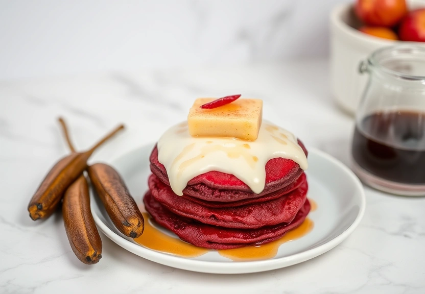 Red velvet pancakes w/ fried plantains 😃 1 Representação visual de Red velvet pancakes w/ fried plantains 😃